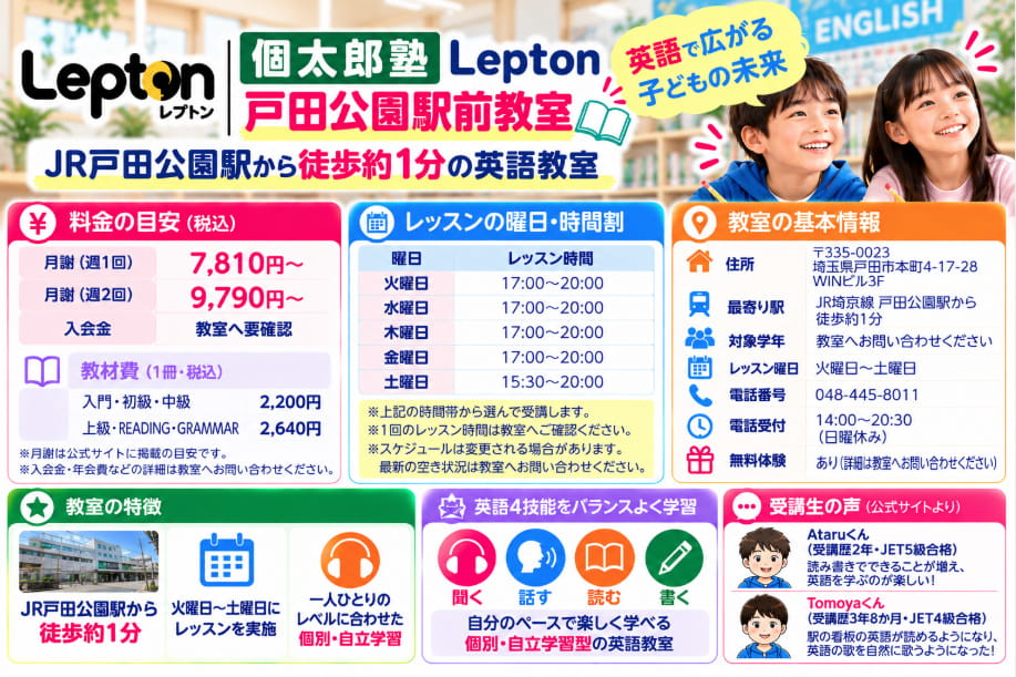 個太郎塾Lepton戸田公園駅前教室の月謝・教材費、火曜から土曜の時間割、住所・電話番号、受講生の口コミをまとめた図解